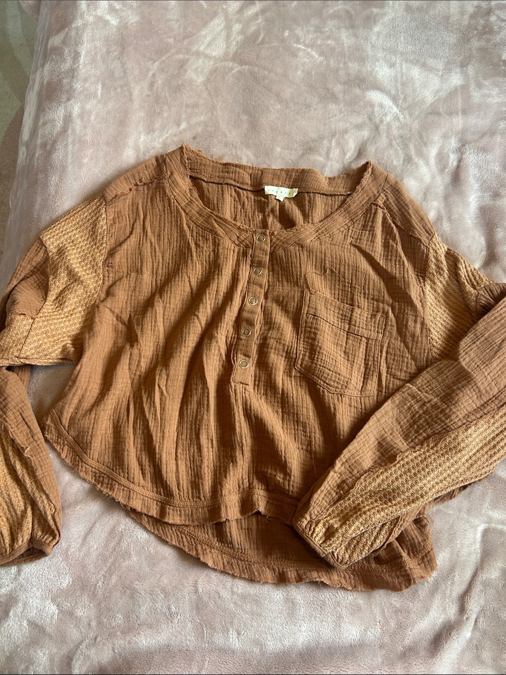 Promesa Rust Brown Waffle Henley Long Sleeve crop top